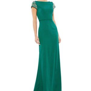 Mac Duggal Bateau-Neck Embellished Cap-Sleeve Gown Size 12